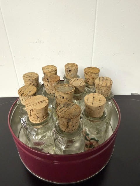 Vintage Made in Taiwan 12 Corked Glass Spice Bottles Set Embellished with Floral Transparencies