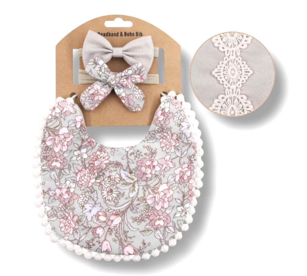 Baby Bib & Headband Set - Gray & Pink Floral