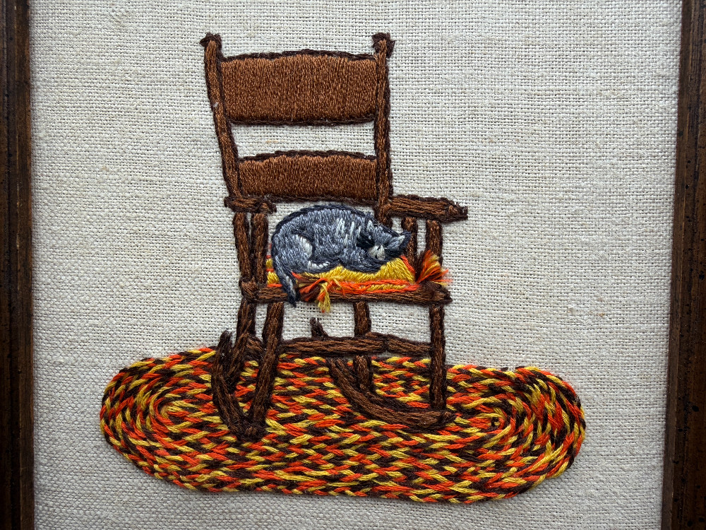 Vintage 1970s Framed Cat on Rocking Chair Crewel Embroidery Art – Cottagecore