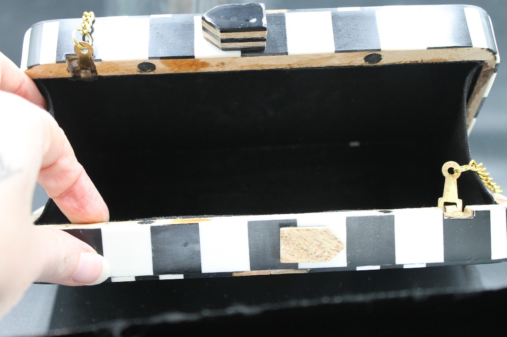 Geometric wood/resin chevron parquet box clutch purse