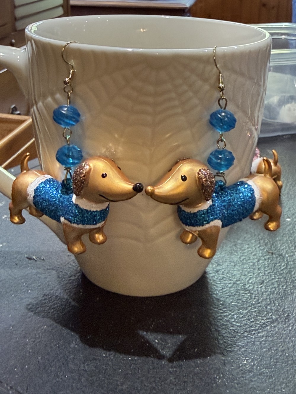 Earrings - Dachshund in Blue Glittered Sweater, Doxie, Dog