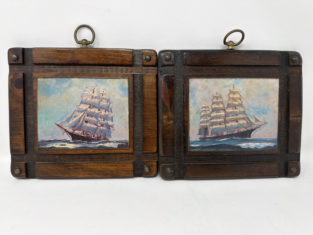 Pair of Vtg Sailing Ship Plaques