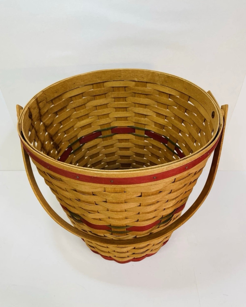 Basket Longaberger 1991 Handwoven Waste Basket Red & Green Accent Signed Weaver 13 Inches
