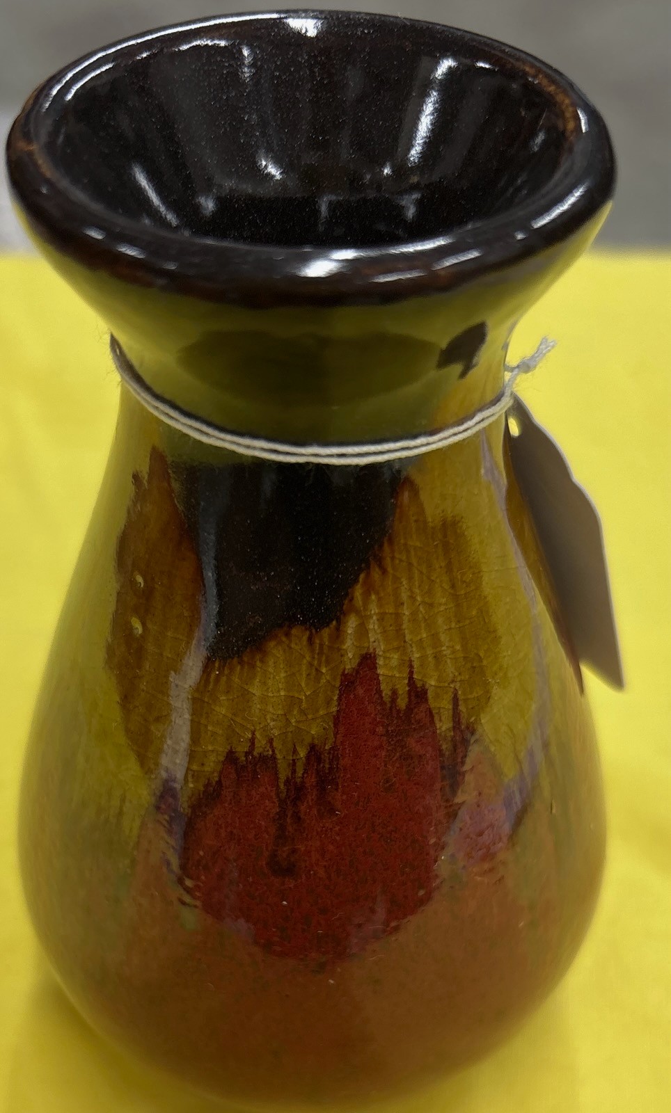 Pottery vase dark brown gold rust variegated gloss glaze