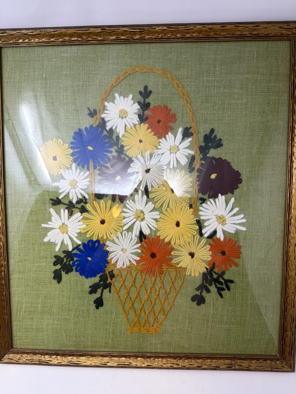 Vintage Crewel Floral Basket