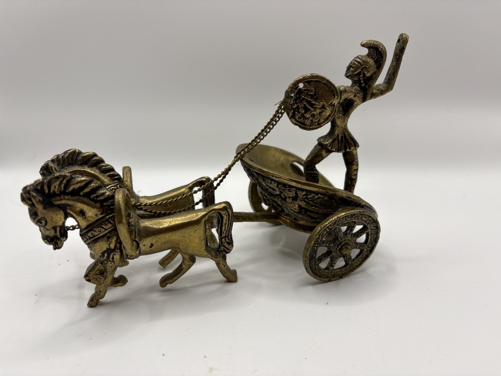 Roman Brass Chariot with Gladiator and Horses Vintage