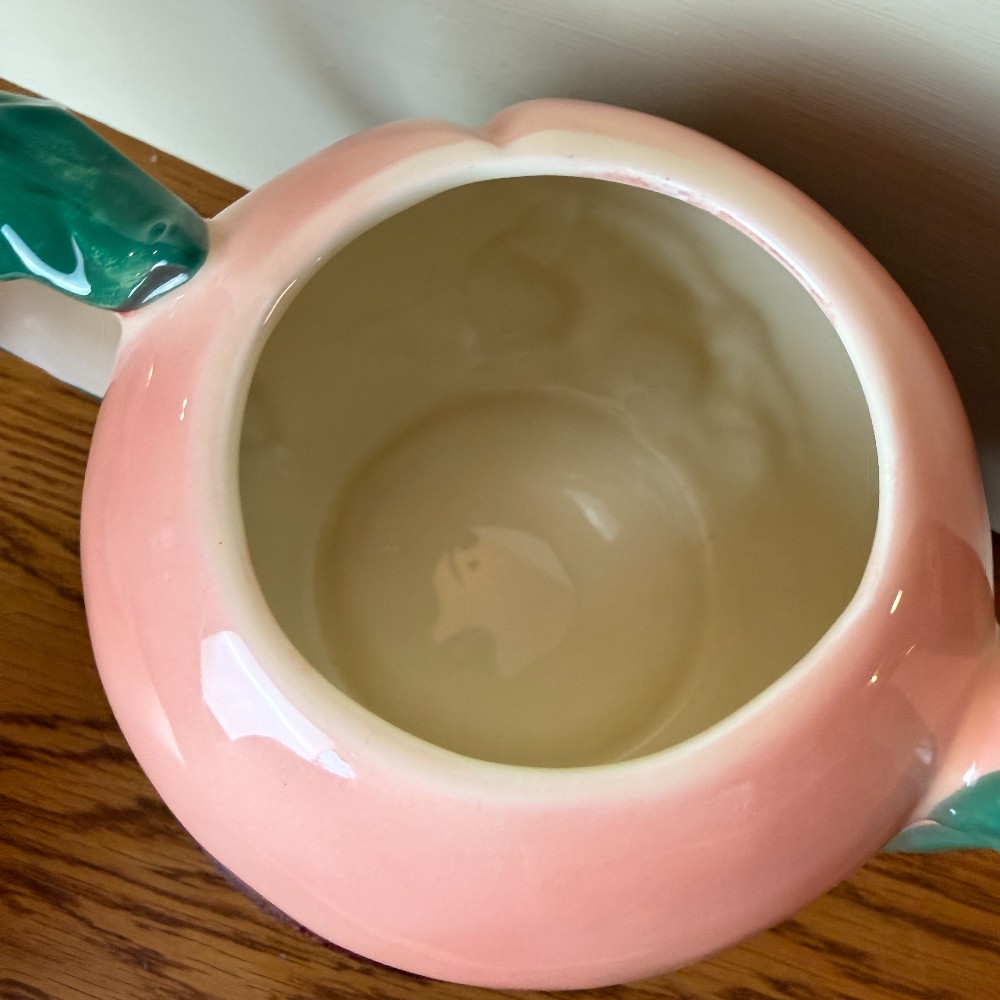 Pink Ceramic Peach-Form Teapot with Cherries & Blackberries