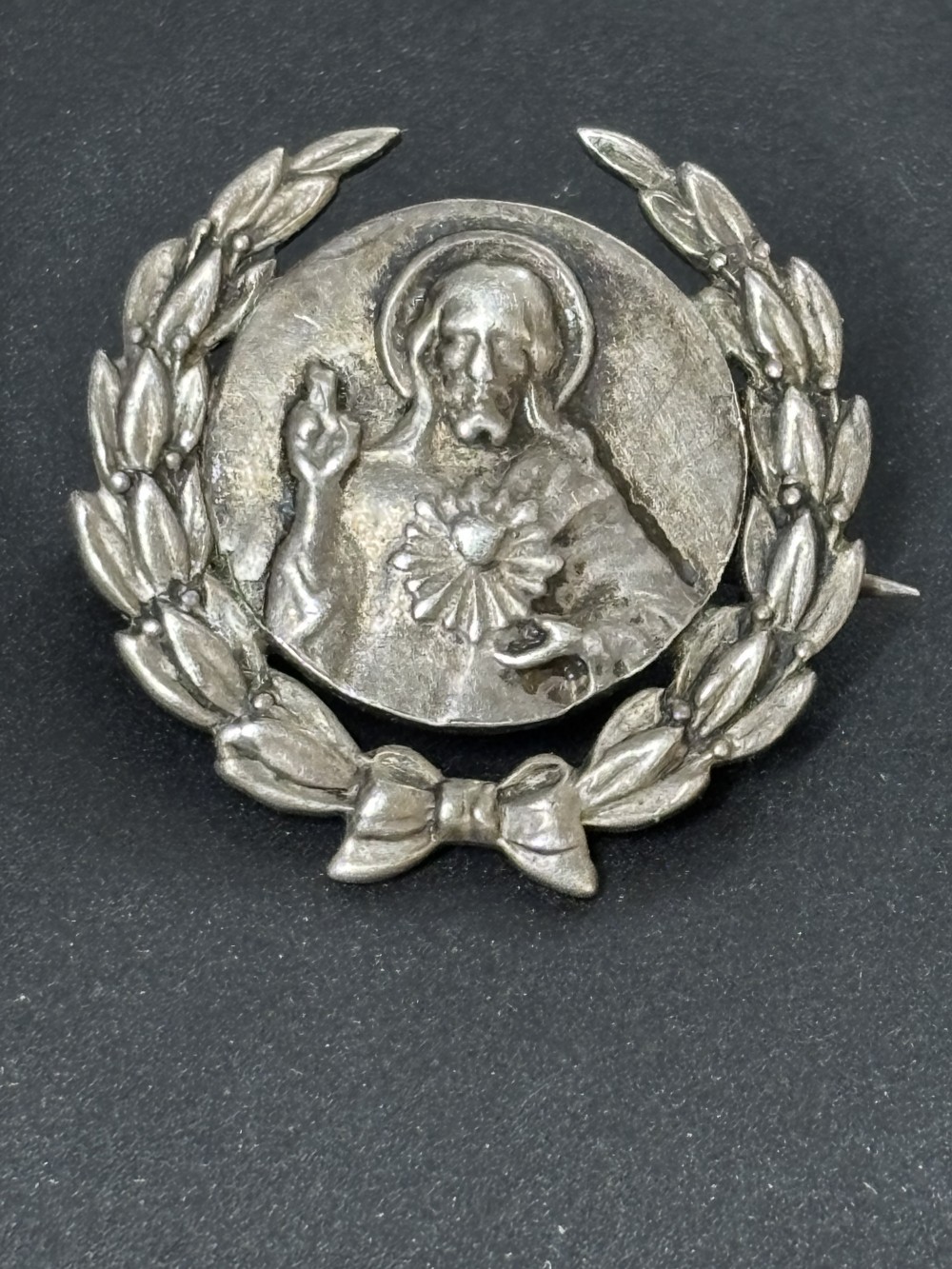 Vintage Sterling Silver Scapular Medal Pin Our Lady of Mount Carmel & Sacred Heart