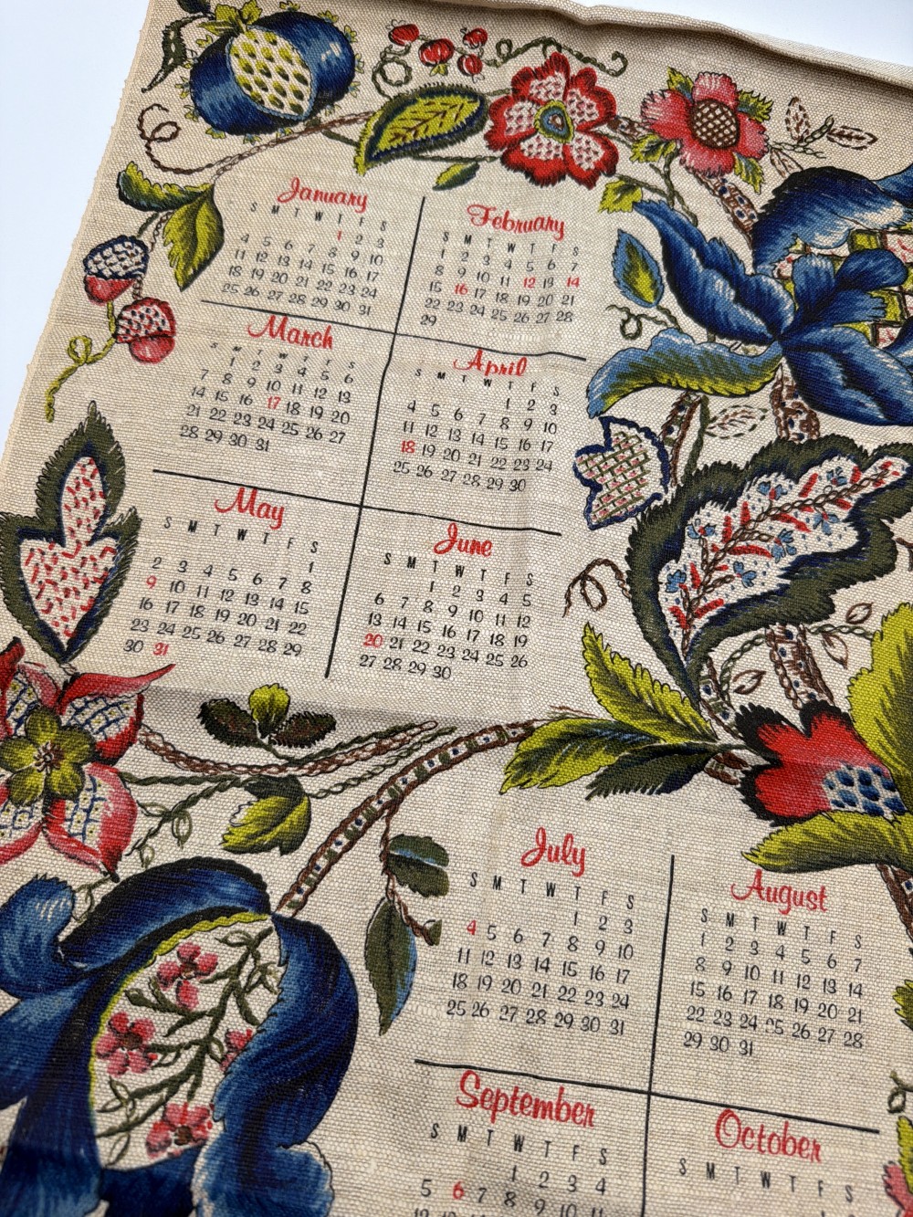 Vintage 1976 Floral Calendar Towel