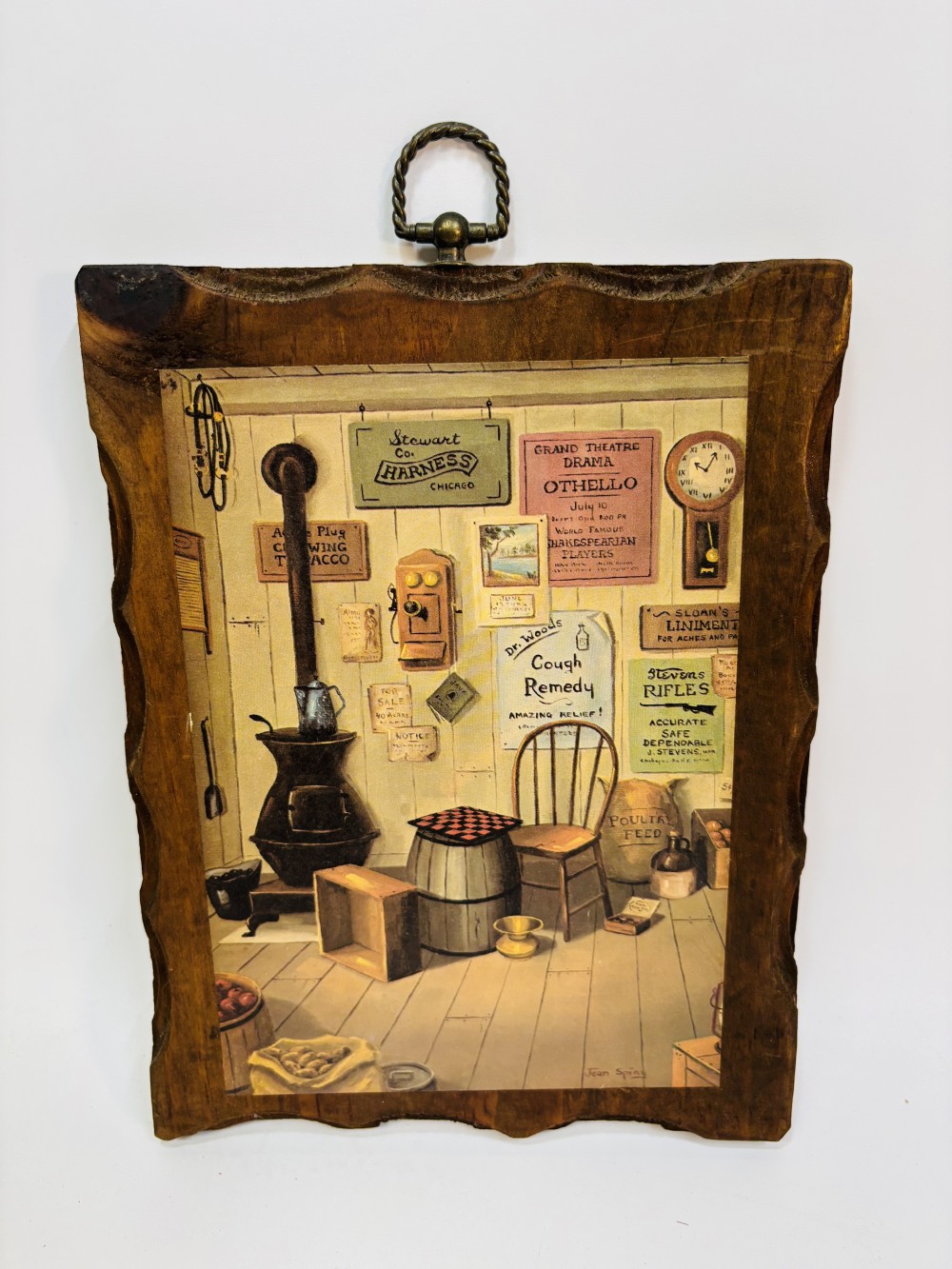 Vintage wood plaque lithograph by artist Jean Spiry