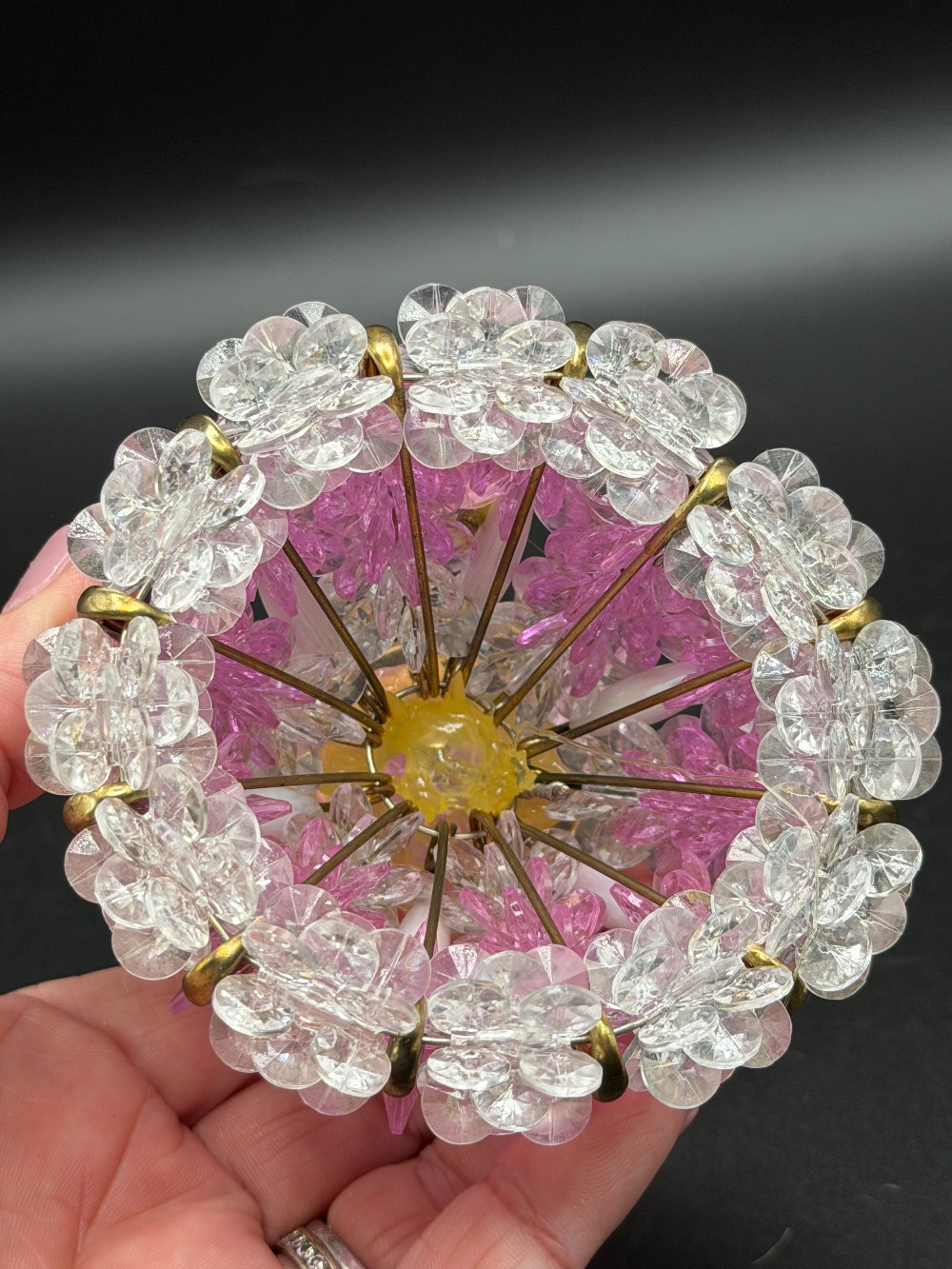 1970s Beaded Safety Pin Doll – Kitschy Pink & Clear Crystal Dress Figurine