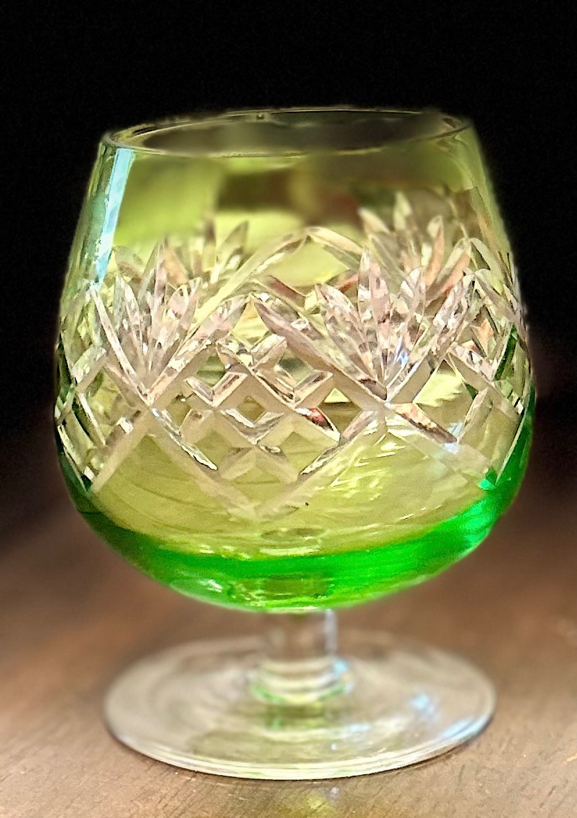 VTG Bohemian Green Cut to Clear Crystal Brandy Snifter - Pinwheel Starburst Diamond Pattern
