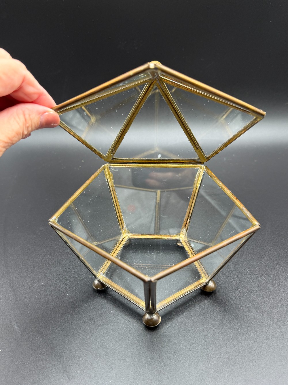 Brass Glass Pentagon Trinket Box Vintage