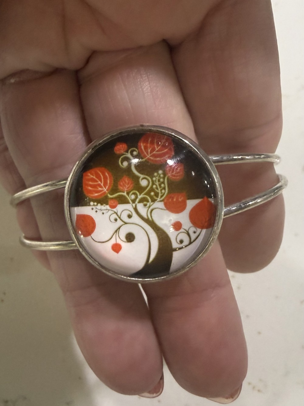 Cuff Bracelet - Tree of Life Brown Red Autum in Silver