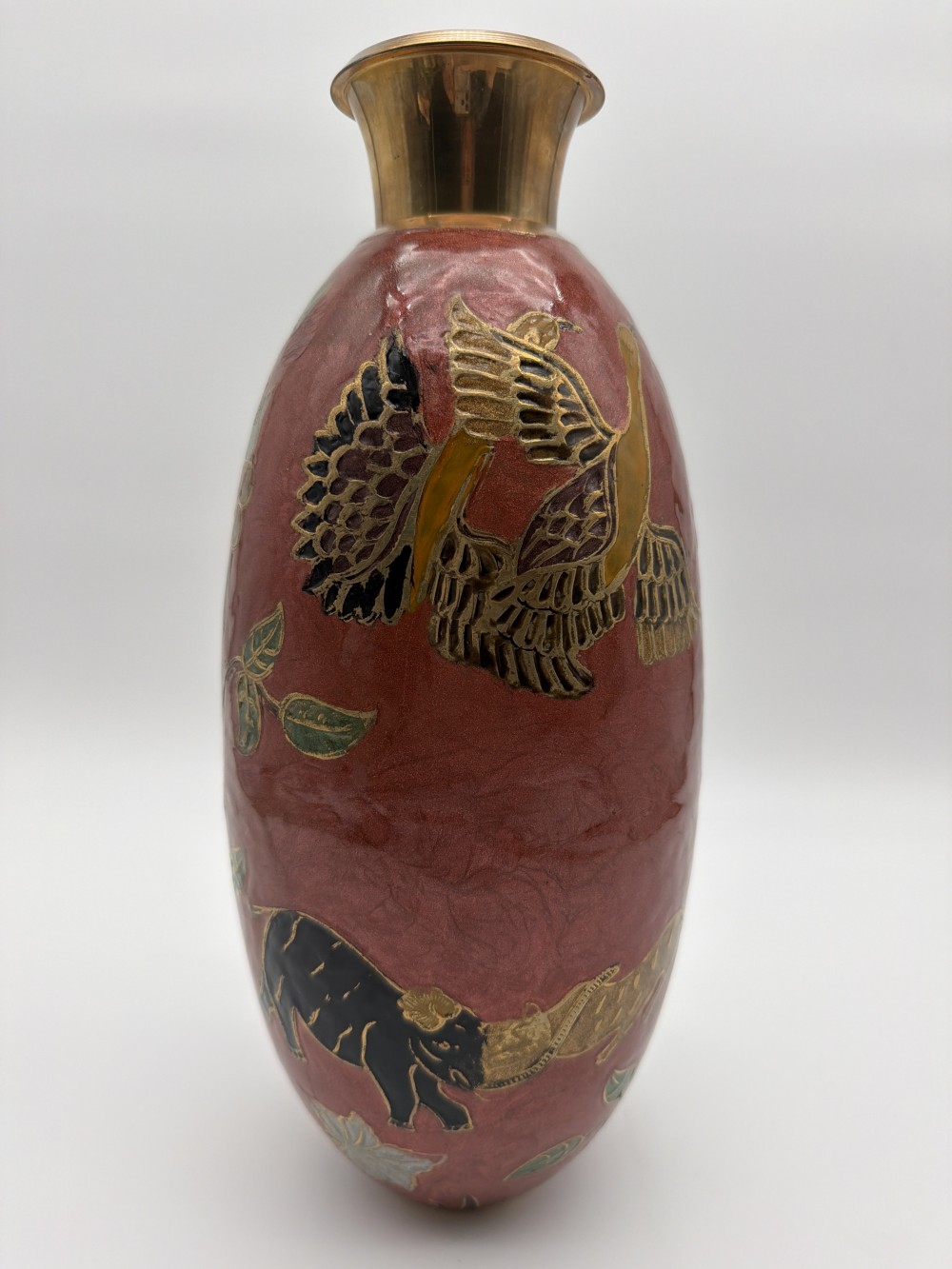 Vintage Brass Enamel Animal Vase