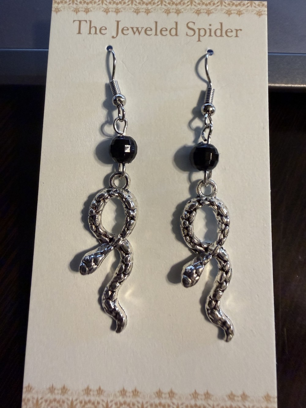 Earrings - Looped Snake Black Bead Snake, Serpent, Snakes, Serpents