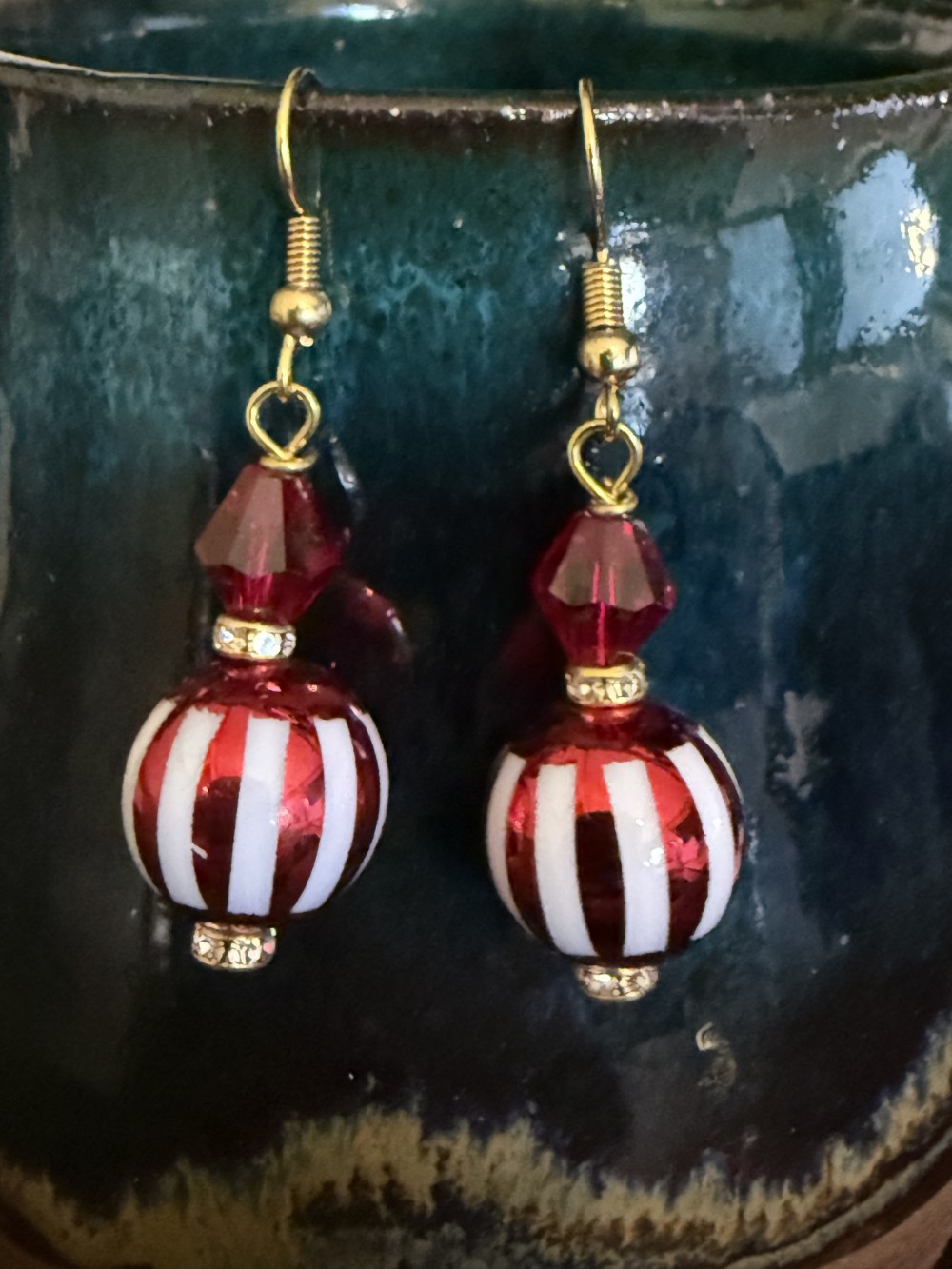 Earrings - Red & White Stripe Red Bead