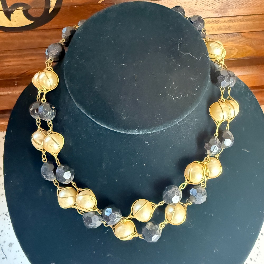 Vintage Black Glass And Caged Pearl Double Strand Necklace