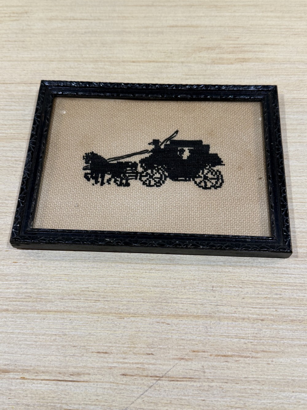 VTG Framed Stitched Horse-Drawn Carriage Scene