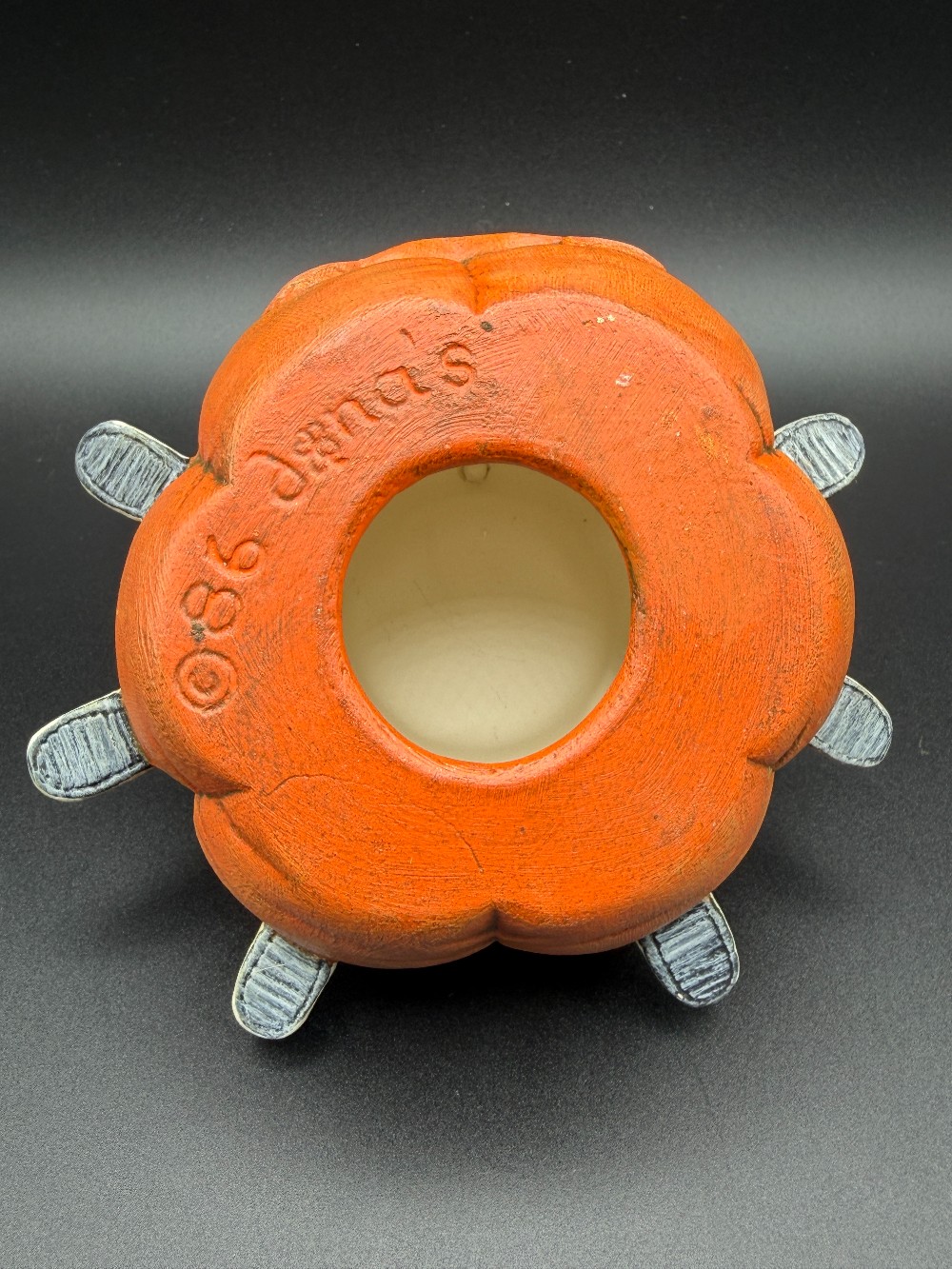 1986 Dona's Molds Hand-Painted Ceramic Pumpkin Spider Figurine - Retro Halloween Kitsch