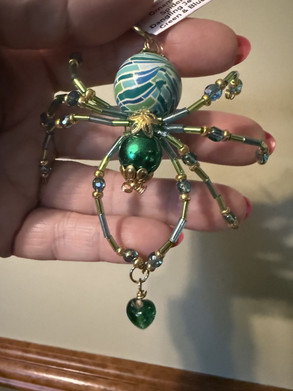 Ornament Spider Dangling Jewel Green & Blue