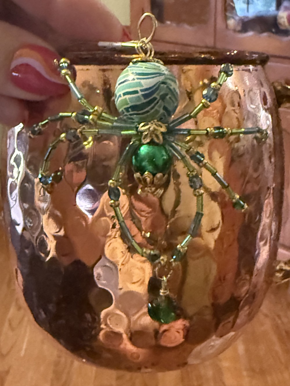 Ornament Spider Dangling Jewel Green & Blue