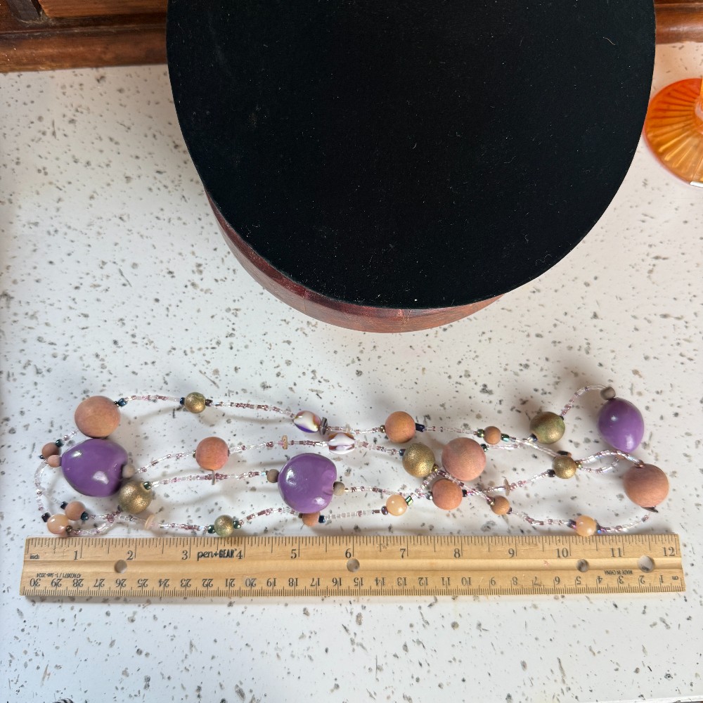 Vintage Long Lavender And Wood Bead Rope Necklace