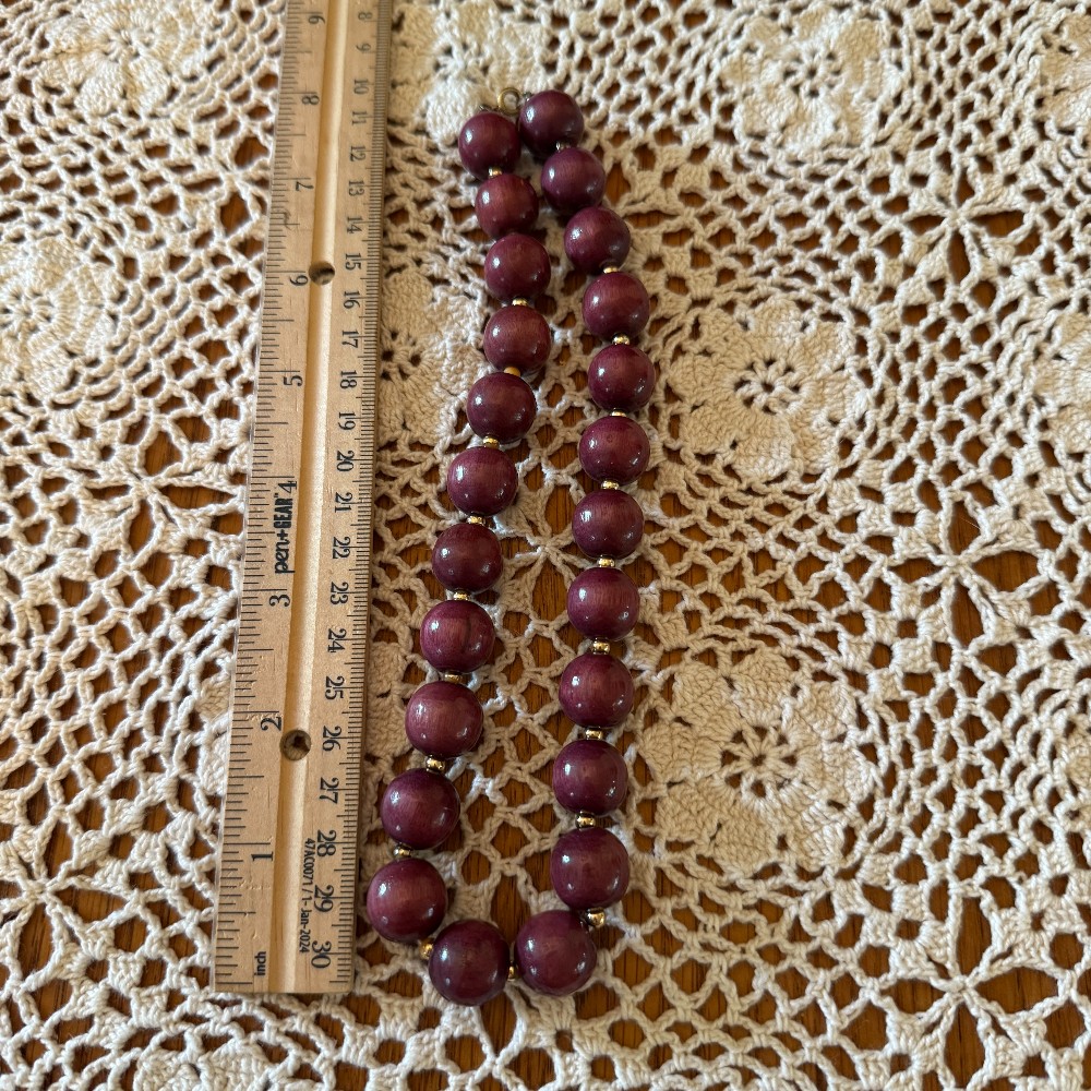 Purple Wood Bead Necklace Gold Spacers
