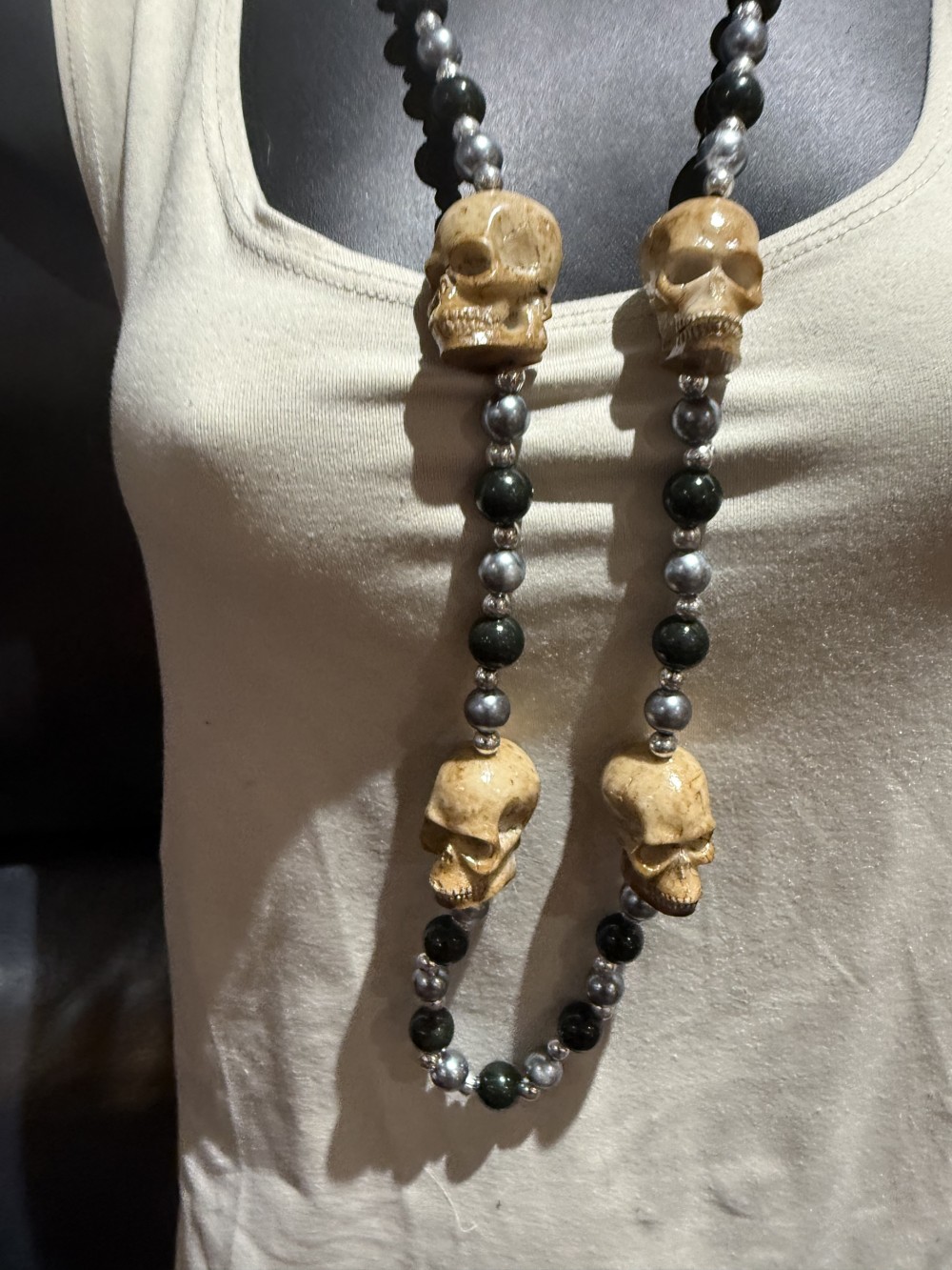 Necklace - Skulls Grey and Black Beads Long Necklace