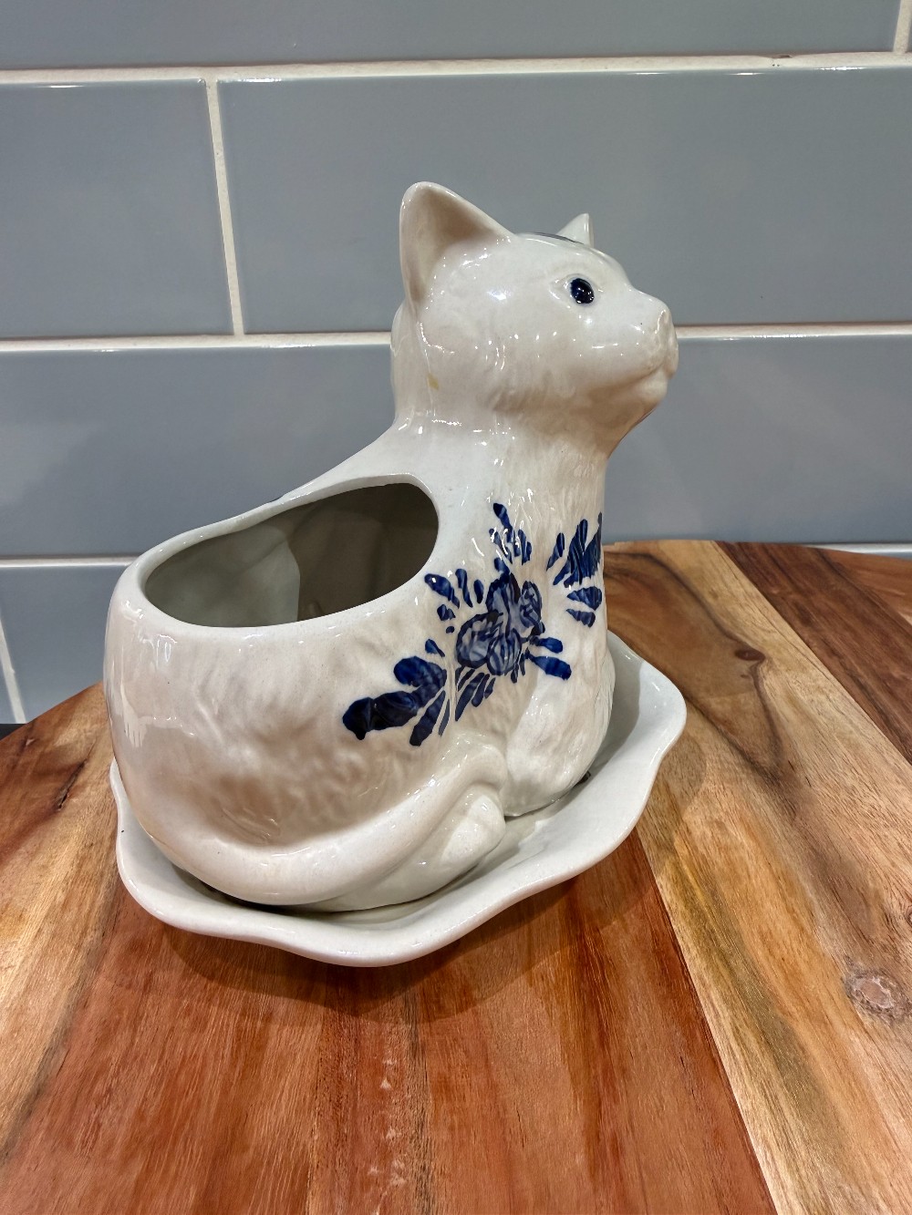 Vintage Blue and White Ceramic Cat Planter