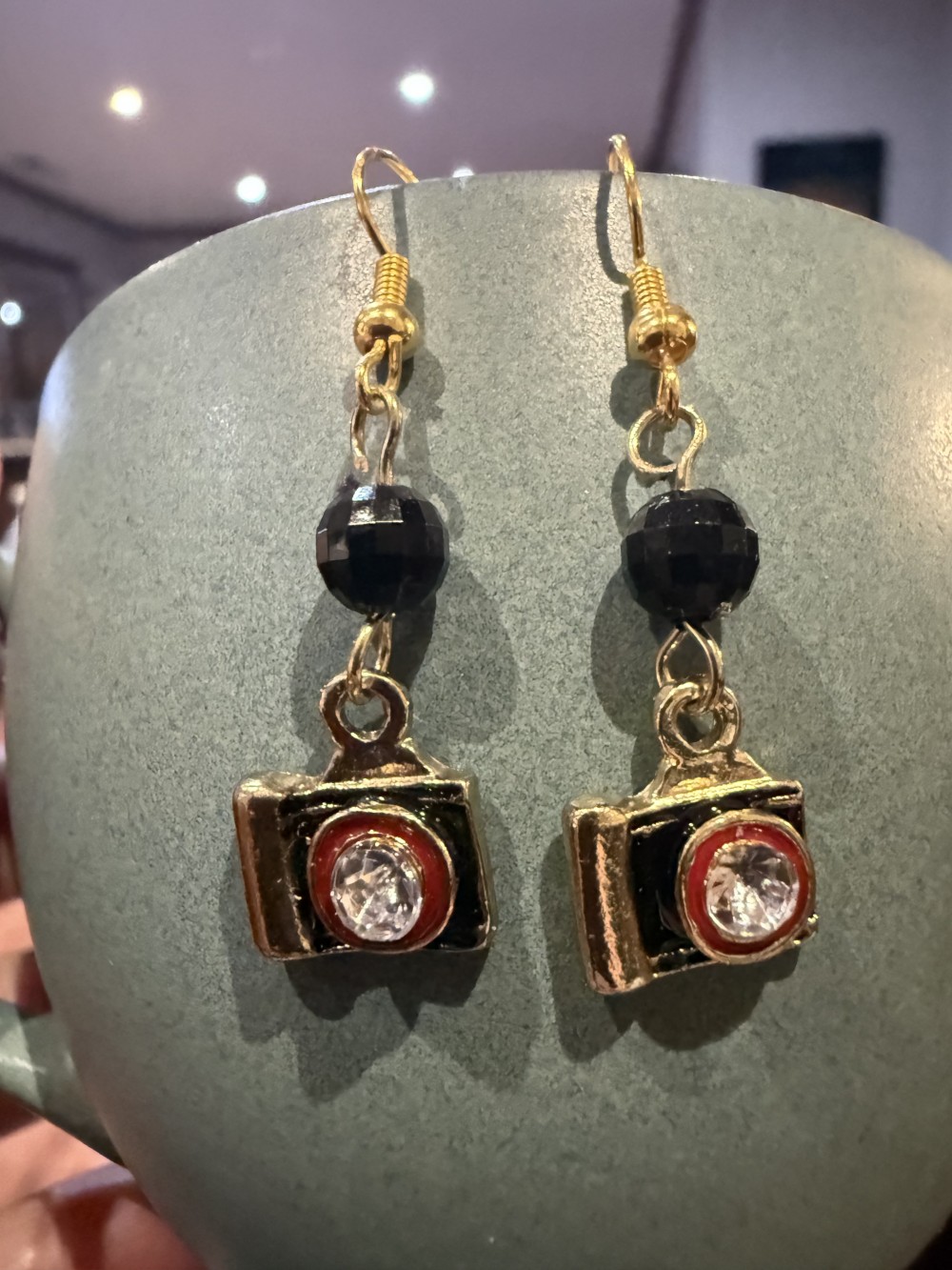 Earrings - Camera and Black Bead Gold