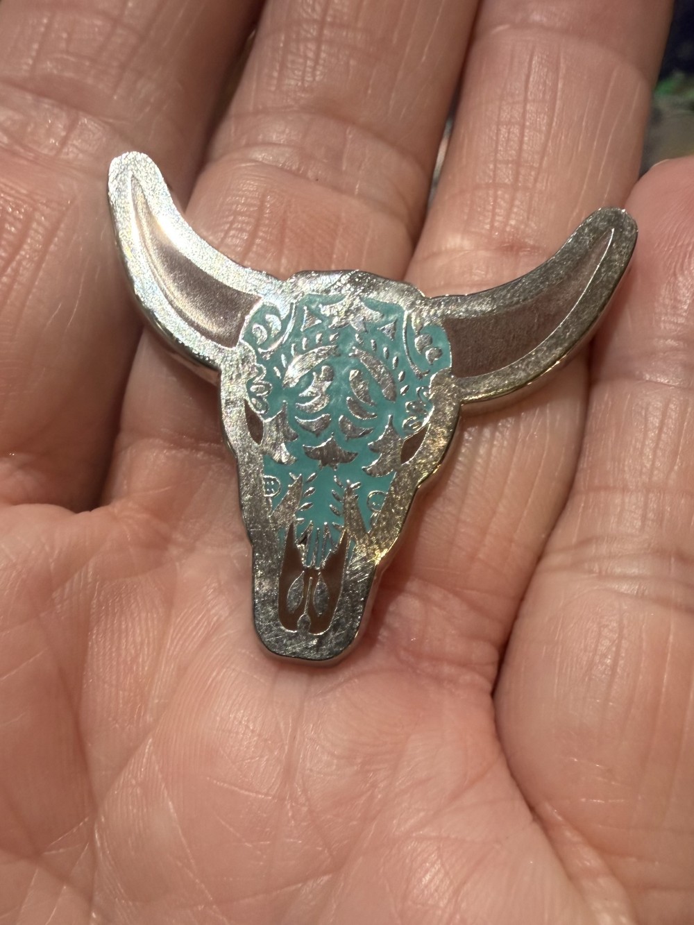 Brooch Pin- Steer Head in Blue Enamel and Silver