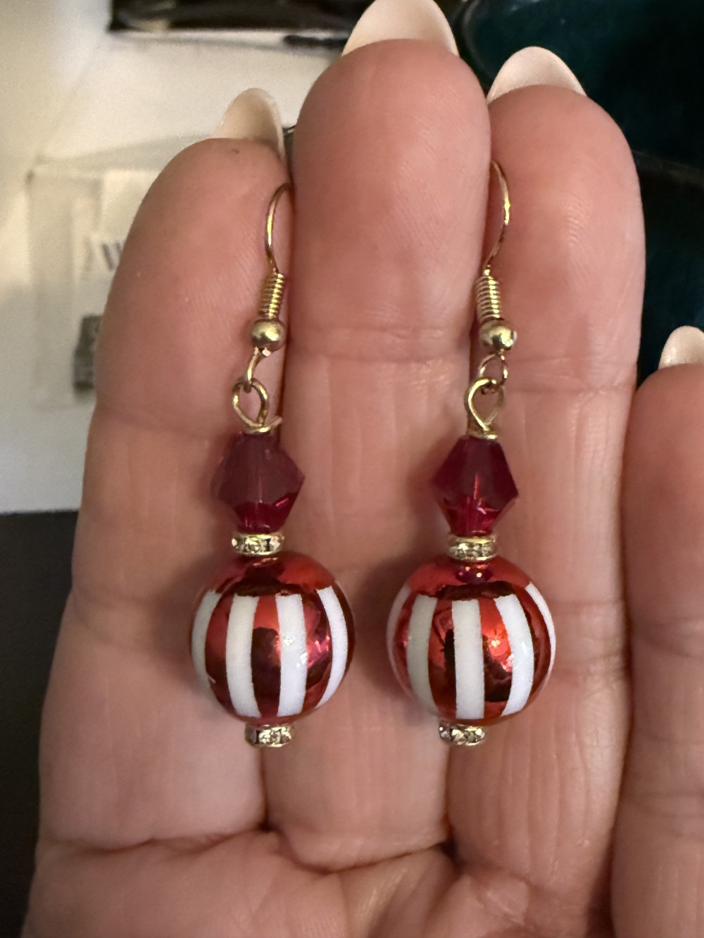 Earrings - Red & White Stripe Red Bead