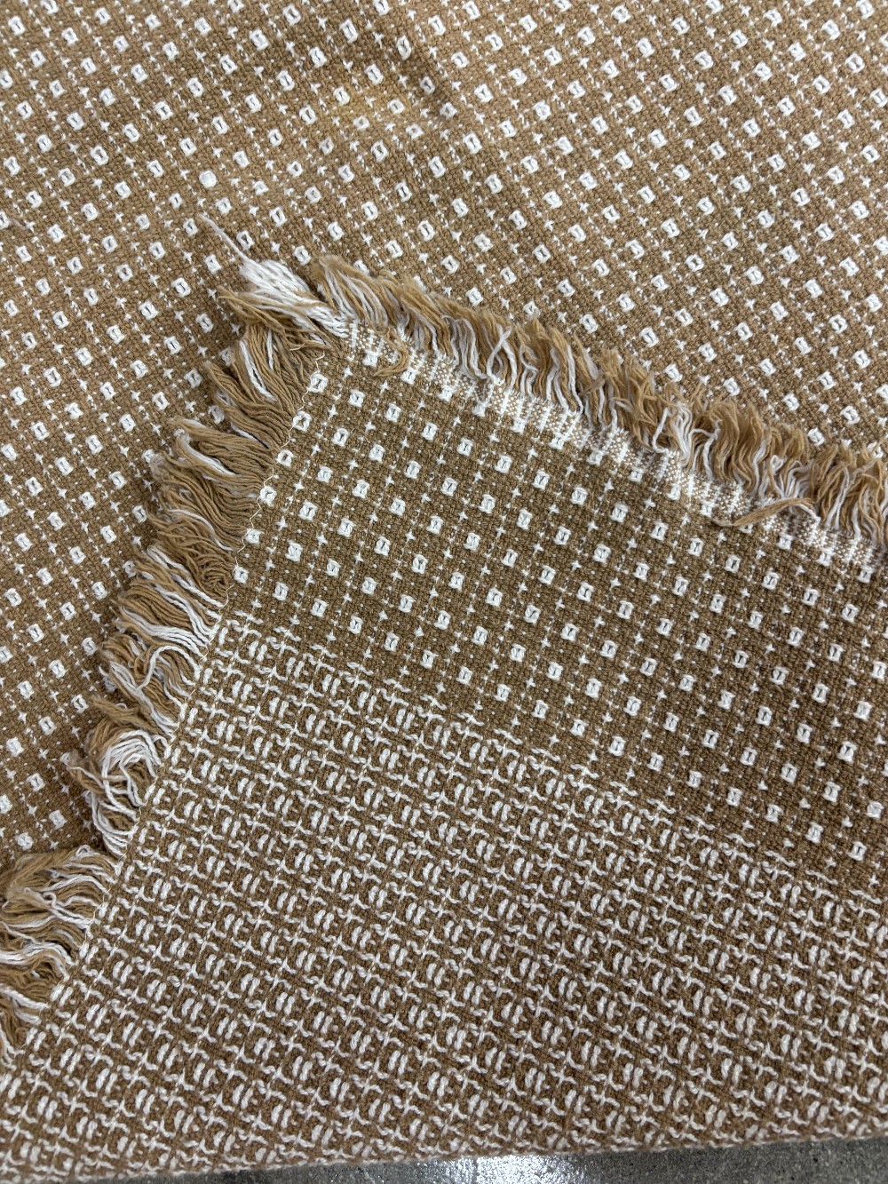 Linens tablecloth homespun tan & white 60 x 47 including fringe