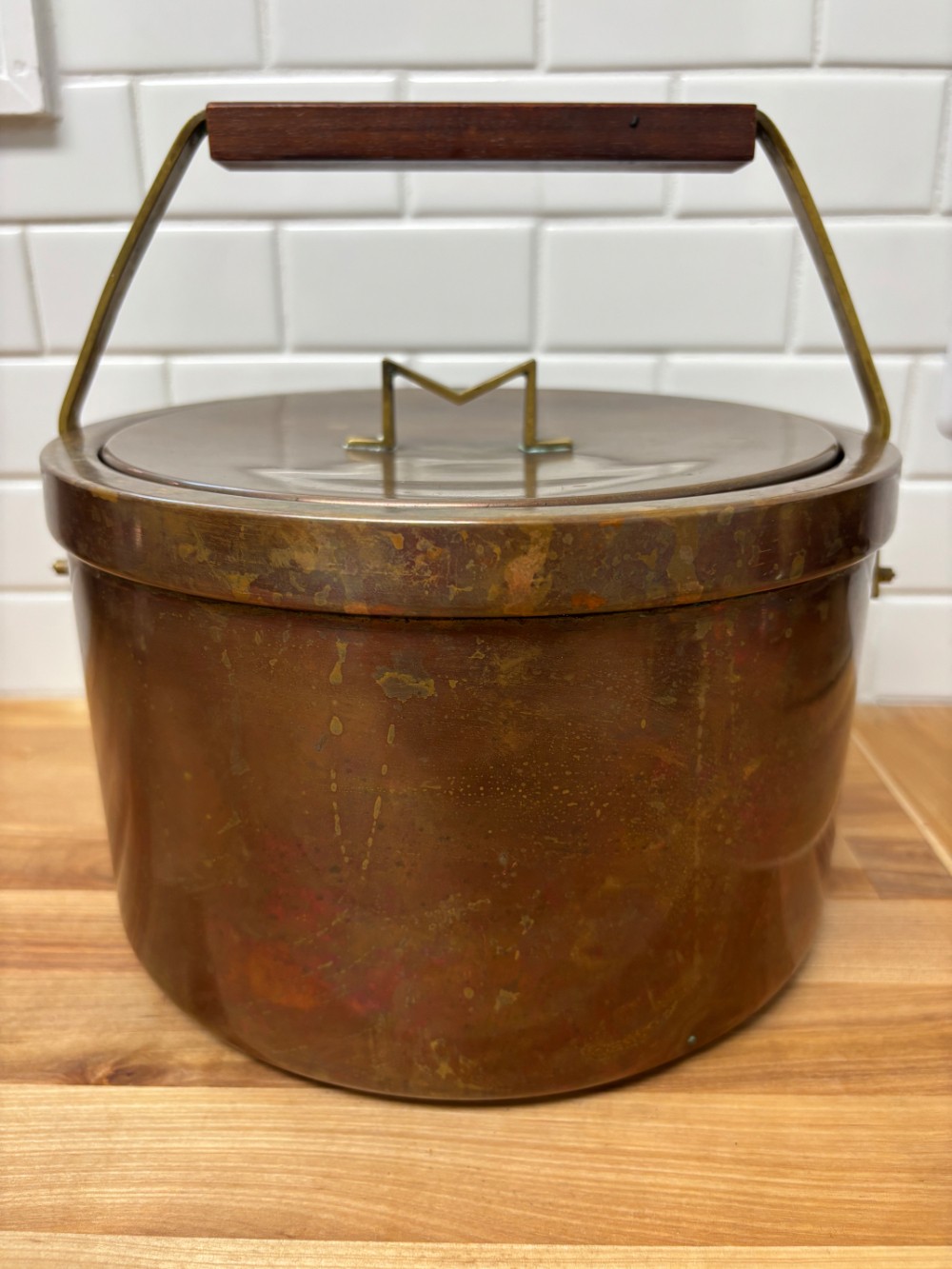 Ice Bucket Italian Copper Wood Handle Aluminum Liner Hollywood Regency MCM