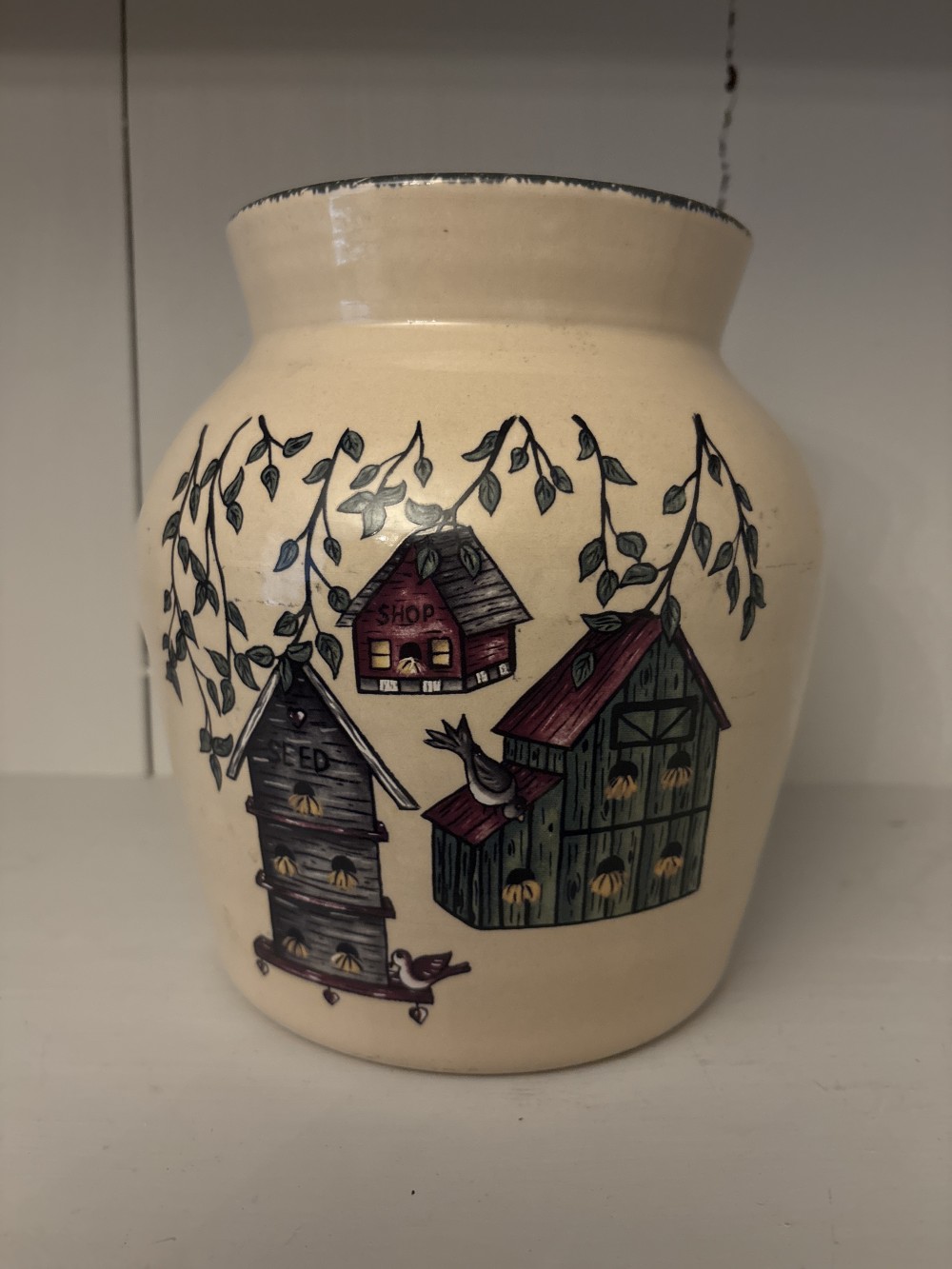 Vintage Home & Garden Party Stoneware Crock-Birdhouses