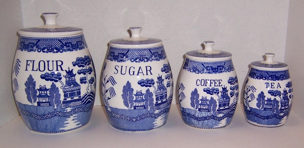 Blue Willow 4 Pc Set w/ Lids Barrel Canisters Flour Sugar Coffee Tea Vintage Japan