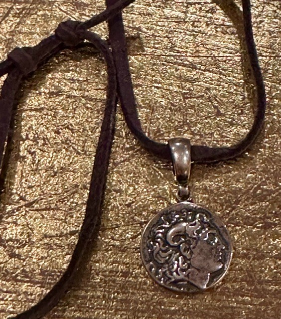 925 Sterling pendant replica ancient Greek Tetradrachin coin. Goddess Athen on reverse. Adj dark leather cord.