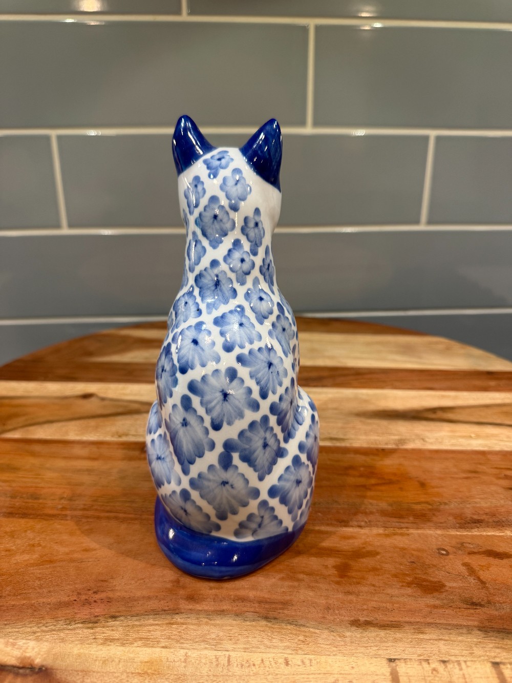 Vintage Blue & White Floral Cat Figurine