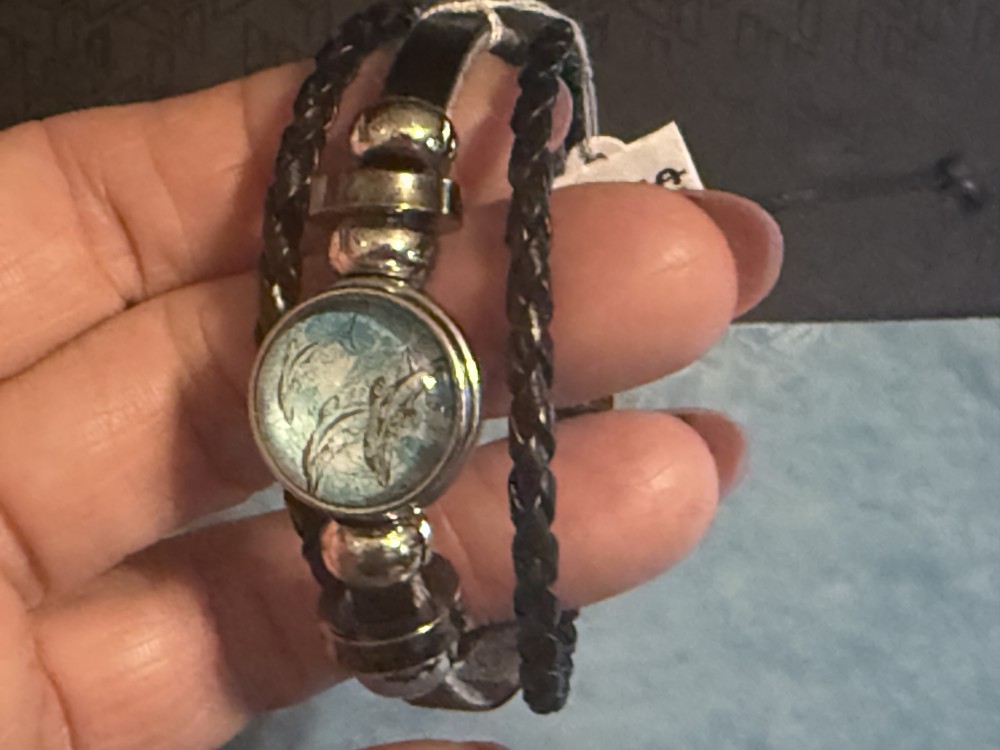 Bracelet-Genuine Leather Black Three Strap Dolphin