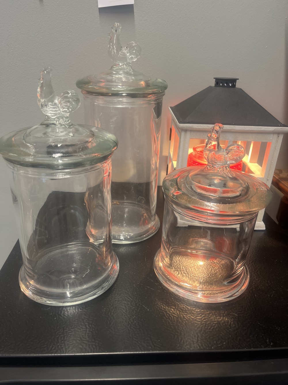 Set of 3 clear glass apothecary jars/rooster lids