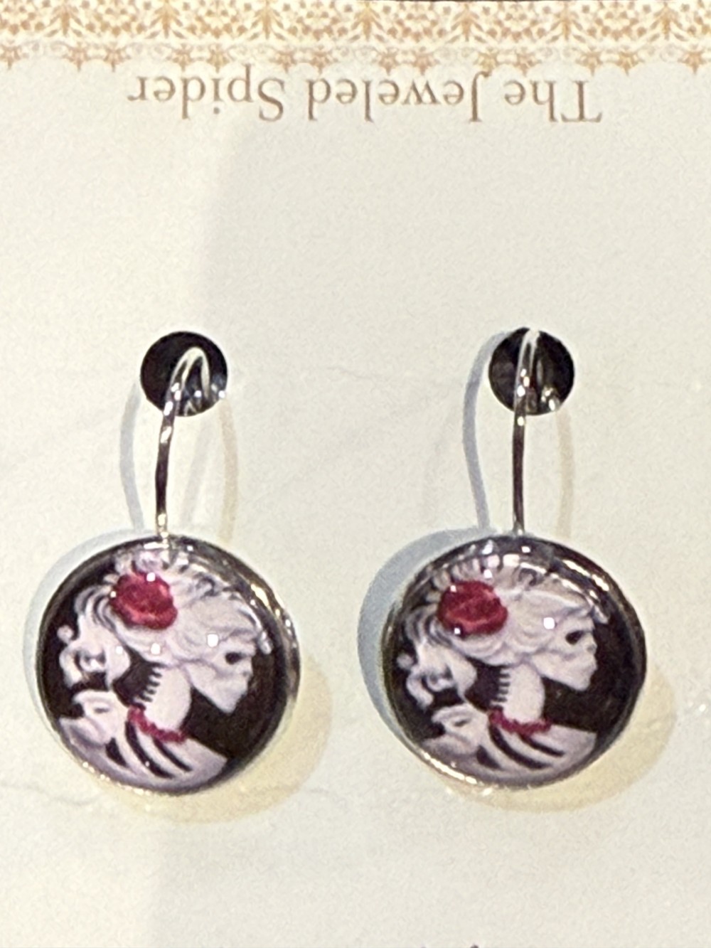 Earrings - Female Skull Profile w Rose Cameo Round, Day of the Dead