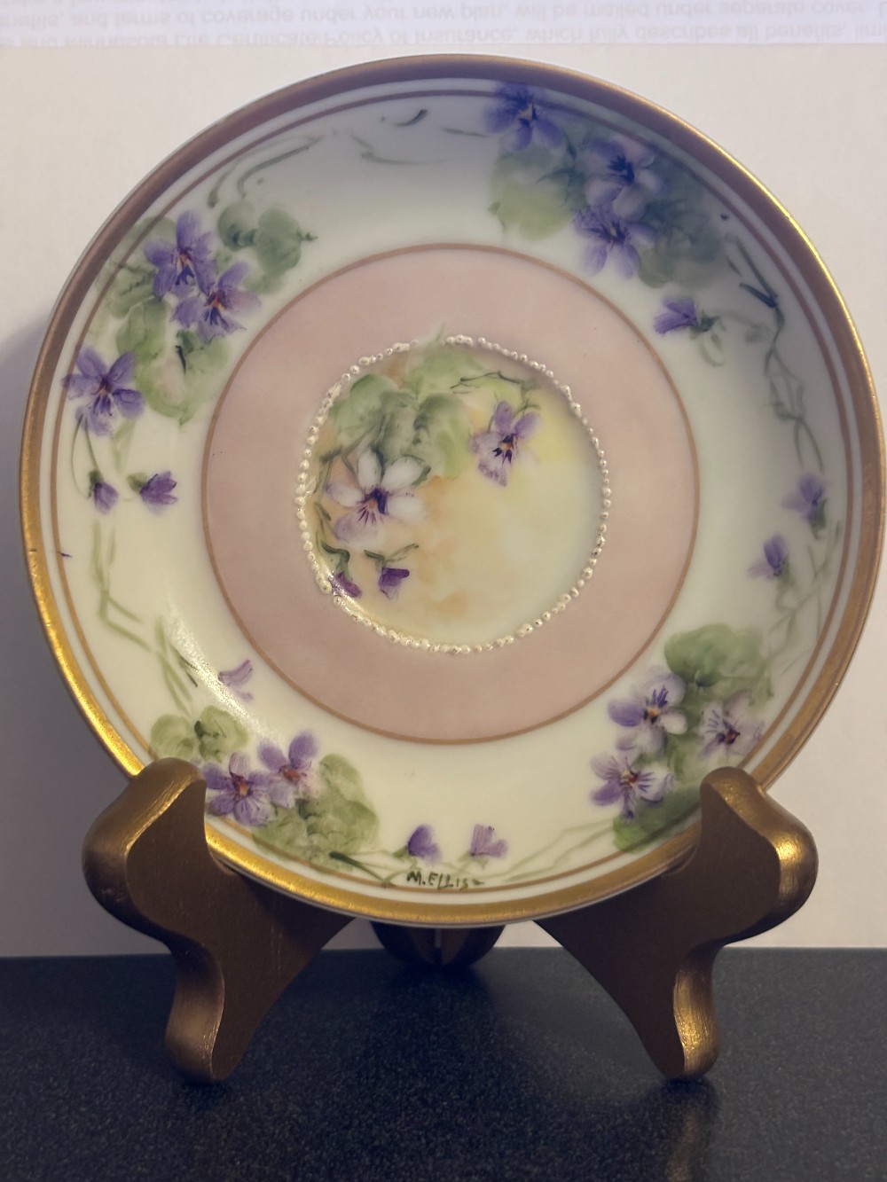 Hira China white & pink w/violets & gold trim saucer