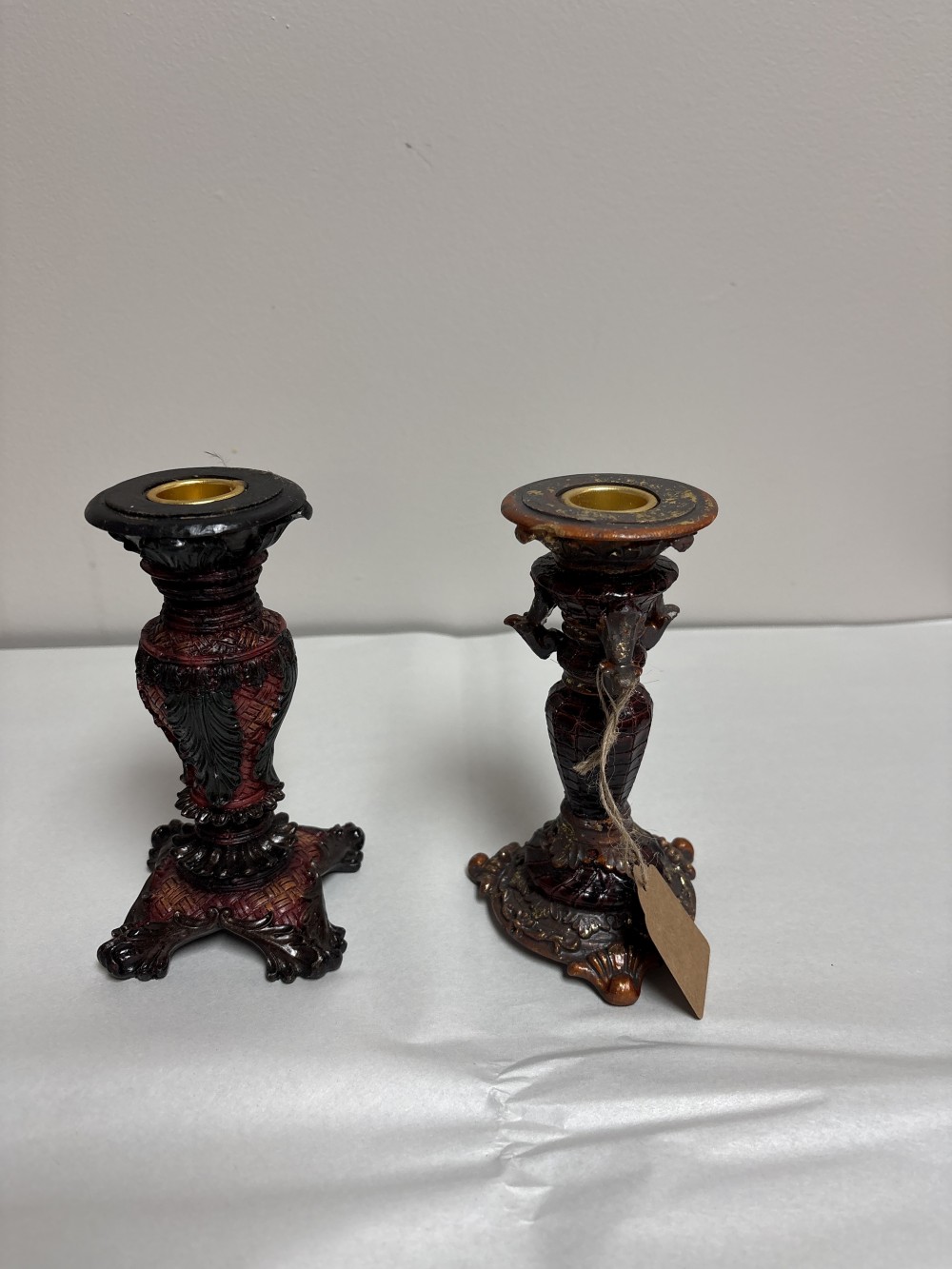 Set of 2 Taper Candle Holders - Red and Gold Resin ~6 inch H