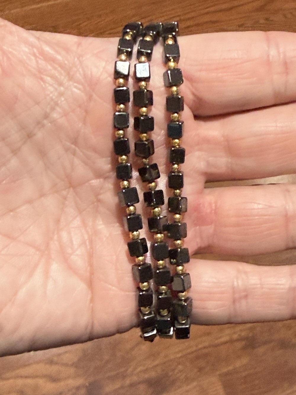 Necklace - Hematite Squares Gold Beads