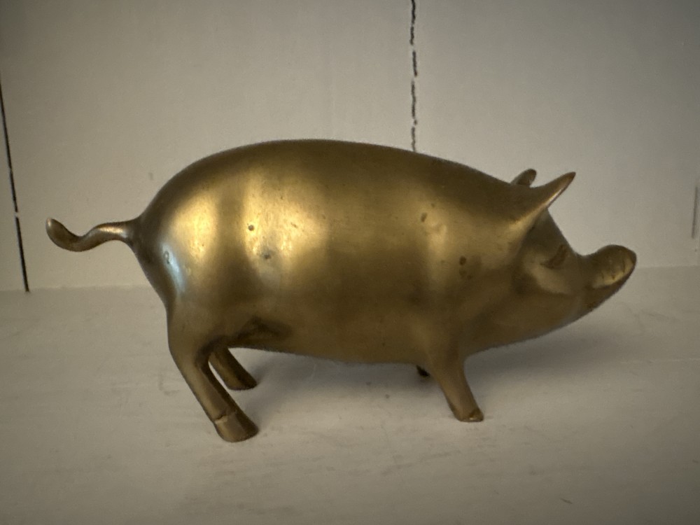 Brass Pig Figurine Paperweight Statue Curly Tail 6