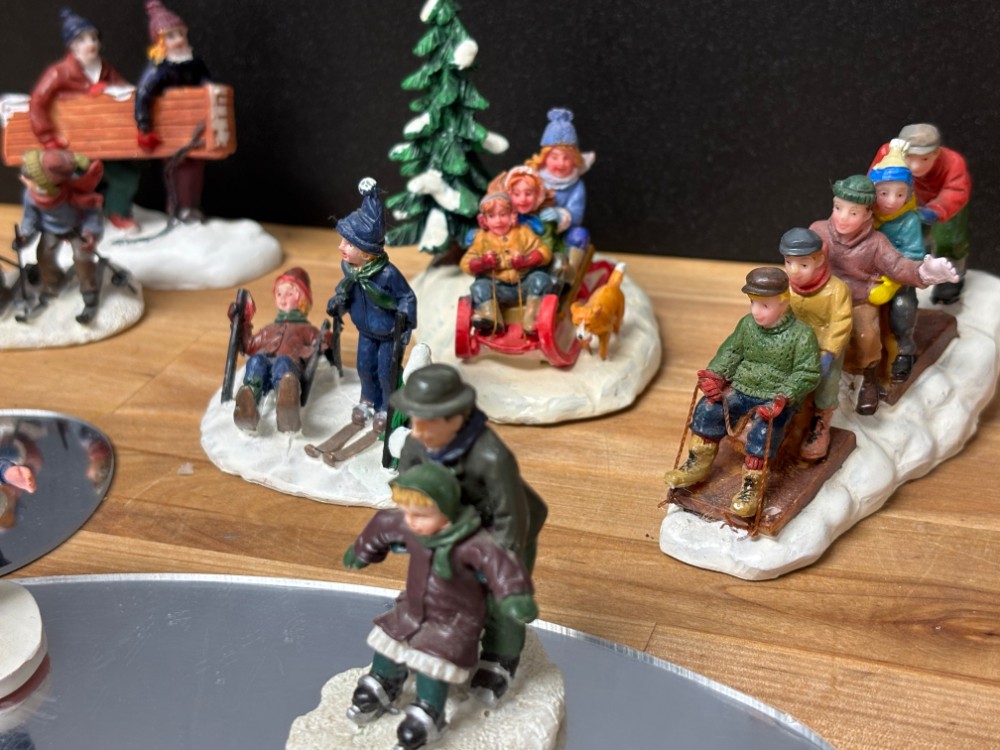 Christmas Village People Winter Activities Ice Skating Sledding Figurines 13 Piece Lot