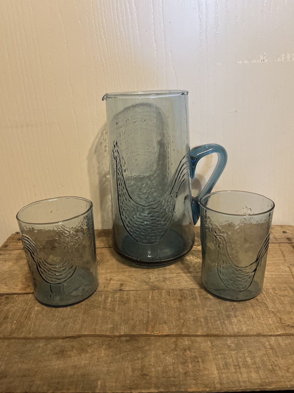 Blue blown glass pitcher + 2 cups