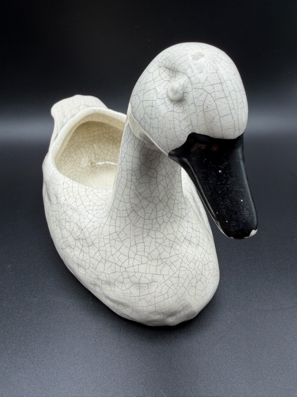 Vintage White Ceramic Swan Planter with Crackle Glaze - Mid-Century Cottagecore Bird Vase