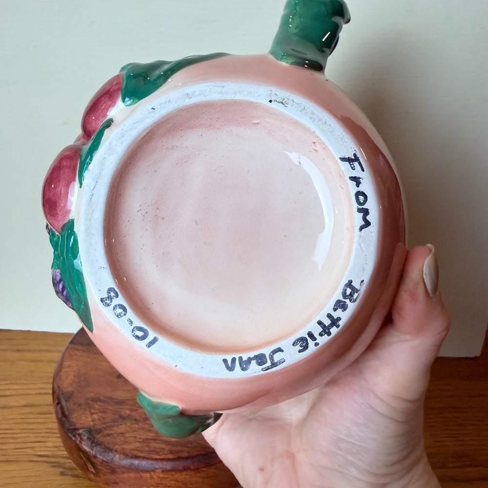 Pink Ceramic Peach-Form Teapot with Cherries & Blackberries
